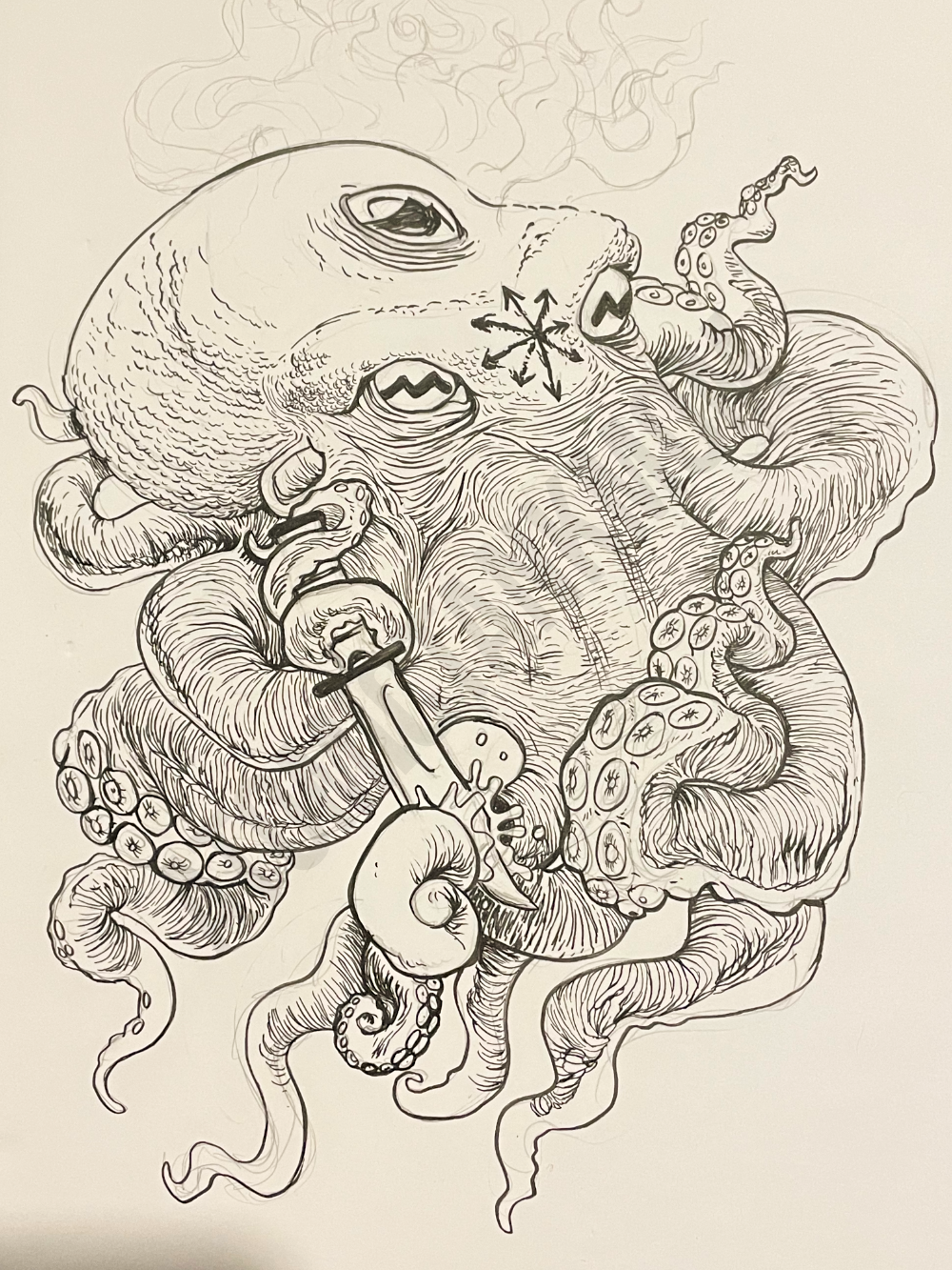 inked sketch of the 'cosmic octopus', an octopus with a flaming third eye, cutting one of its arms off with a k-bar