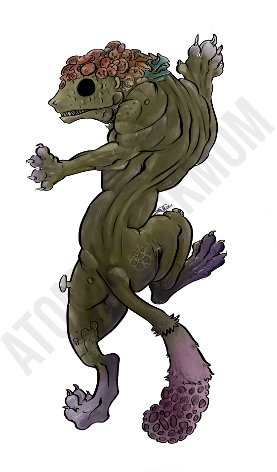 digitally rendered image of a large cat-like creature seemingly made of mushrooms, done in a style similar to a rampaging tiger in the classical tattoo aesthetic