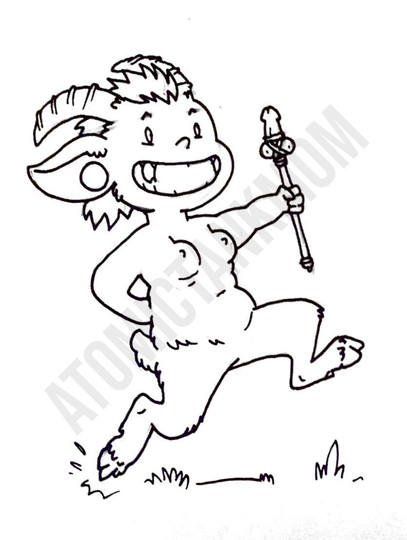 a cheeky cartoon satyr prancing with a phallic sceptre