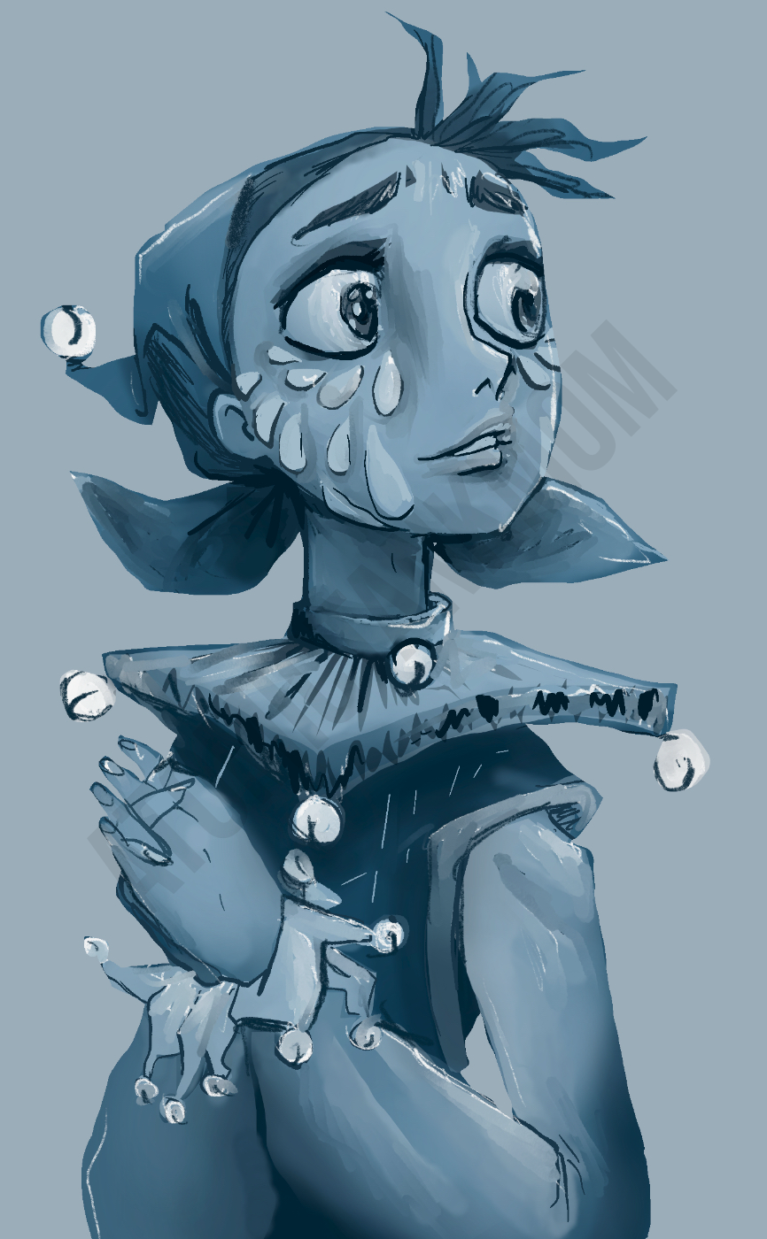 a whimsical, hopeful, tearful looking jester type character digitally rendered sketchily in blue