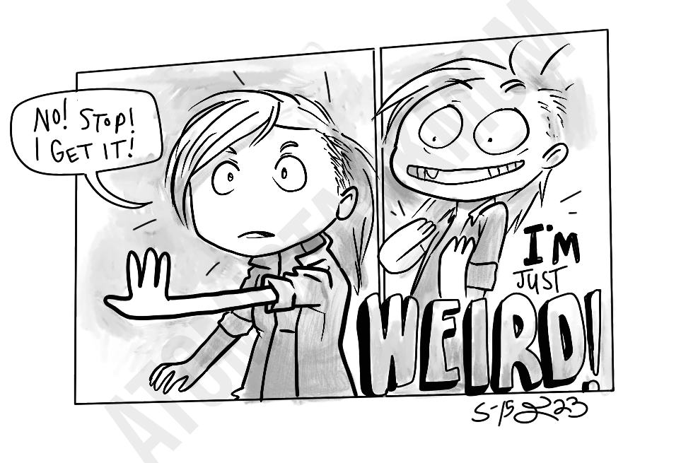 comic style sketch of the artist, identifying the very clear and present issue