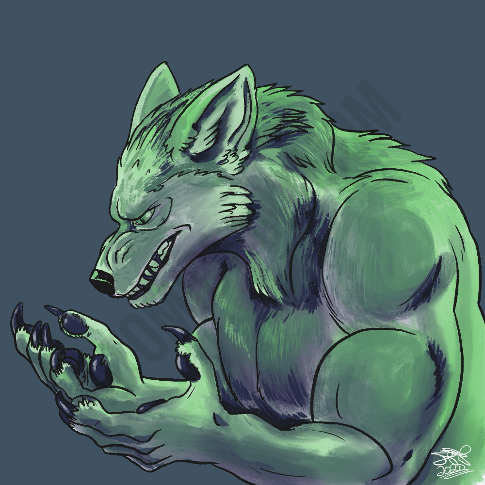 digitally rendered image of a greenish werewolf looking at its paws with a questioning, annoyed snarl