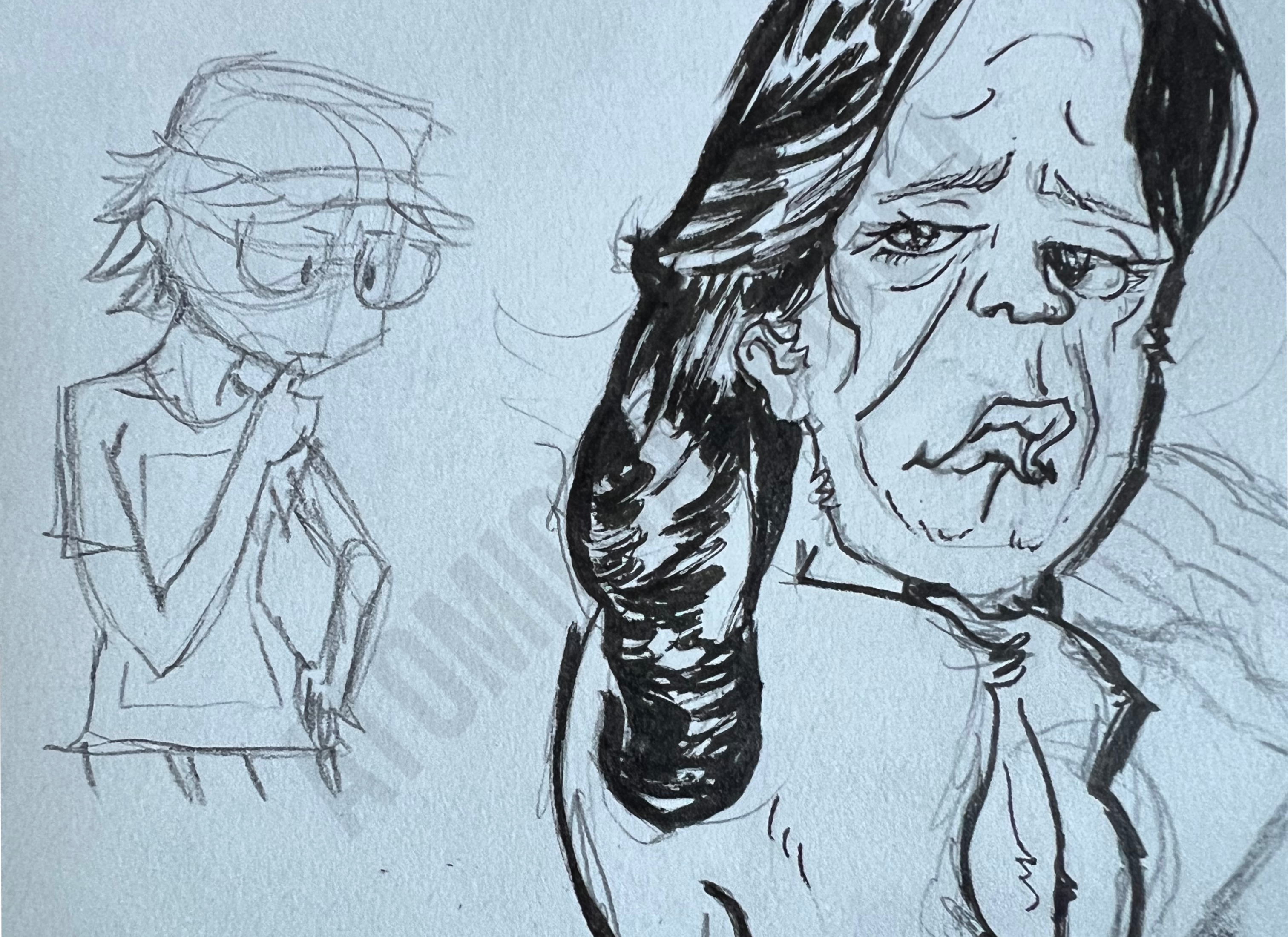 sketch of the artist next to an inked sketch of a beautiful sasquatch